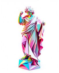 A mesmerizing digital artwork combines the intricate folds of origami with a classical sculpture, disrupted by a vibrant glit
