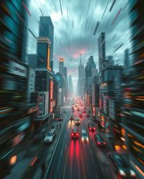 A dynamic and intense photograph depicting a futuristic city in a glitch mode.  Flickering lights, broken holograms, blurred 