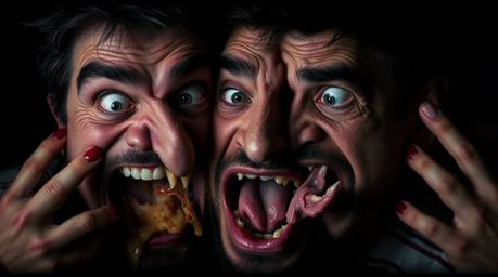 Experience a moment of outrageous gross-out comedy brought to life with exaggerated expressions and rendered in intense jet b