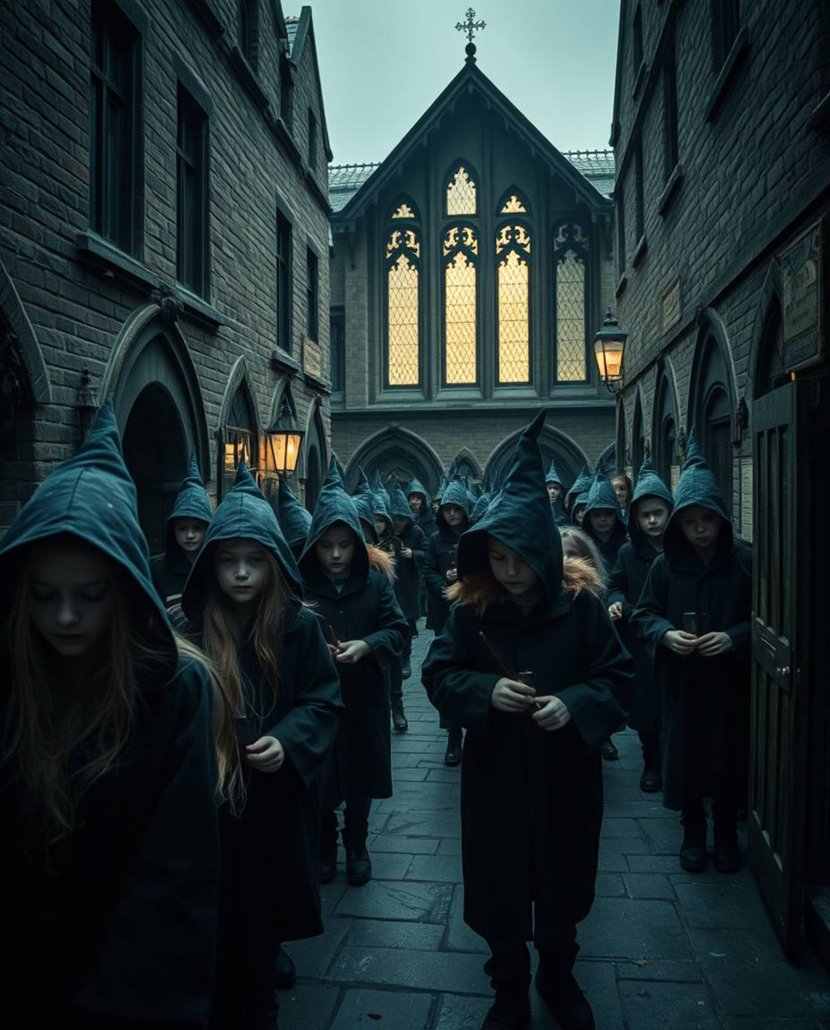 Discover a captivating series of candid street photographs depicting a magical school brimming with young wizards.  The eerie
