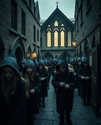 Discover a captivating series of candid street photographs depicting a magical school brimming with young wizards.  The eerie