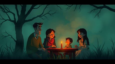 Explore a Pixar-style illustration of a family reunion, set against a backdrop of thick fog and an unsettling atmosphere. The