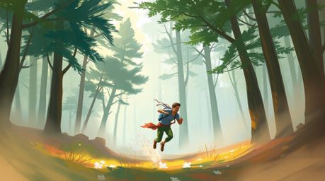 A captivating digital sketch depicts a dynamic chase scene unfolding within a looping forest.  Soft pastel colors blend seaml