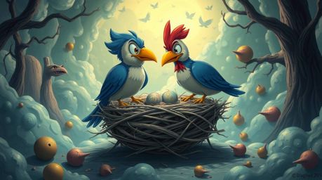Explore a dreamlike world with two cartoon birds in a classic animation style, diligently building their nest amidst fantasti