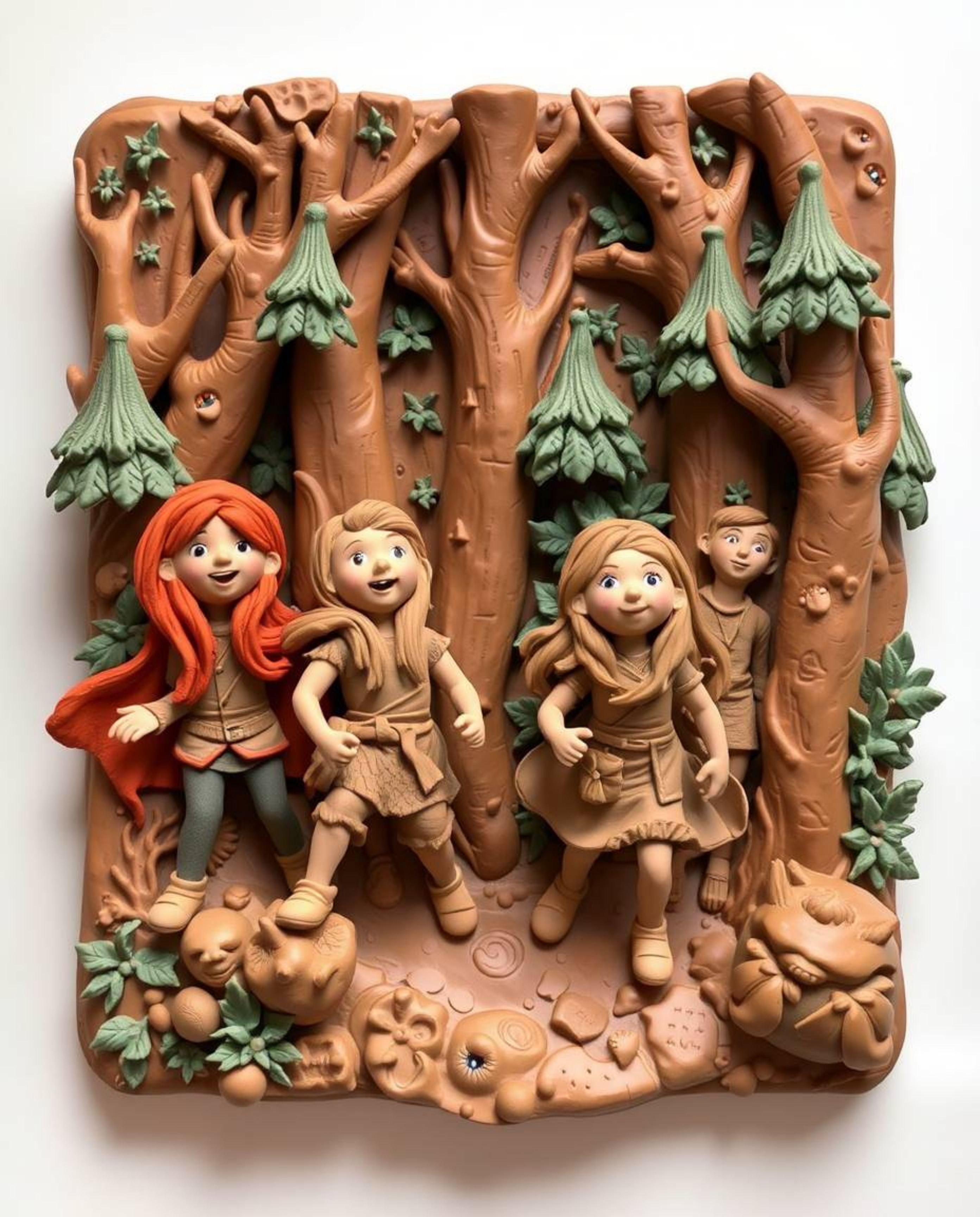 Discover stunning sculptural clay art depicting a group of friends with unique powers embarking on an exciting forest adventu