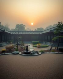 Unusual fine art photography, a professional editorial style image of a serene Zen garden at sunset, soft dreamy atmosphere, 