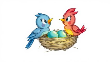 Delightful animation featuring two cartoon birds meticulously constructing a nest.  The classic animation style, enhanced by 