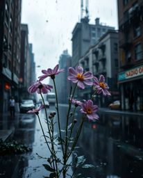 Explore a post-apocalyptic city where rainy flowers bloom amidst dark tones and reflective surfaces.  This scene evokes a 'Fl