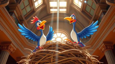 A stunning architectural color photograph captures two cartoon birds meticulously constructing a nest in a classic animation