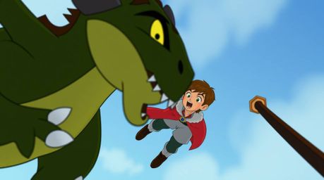 A captivating high-angle shot in the style of 1950s animation depicts a charming prince with striking features engaged in a t