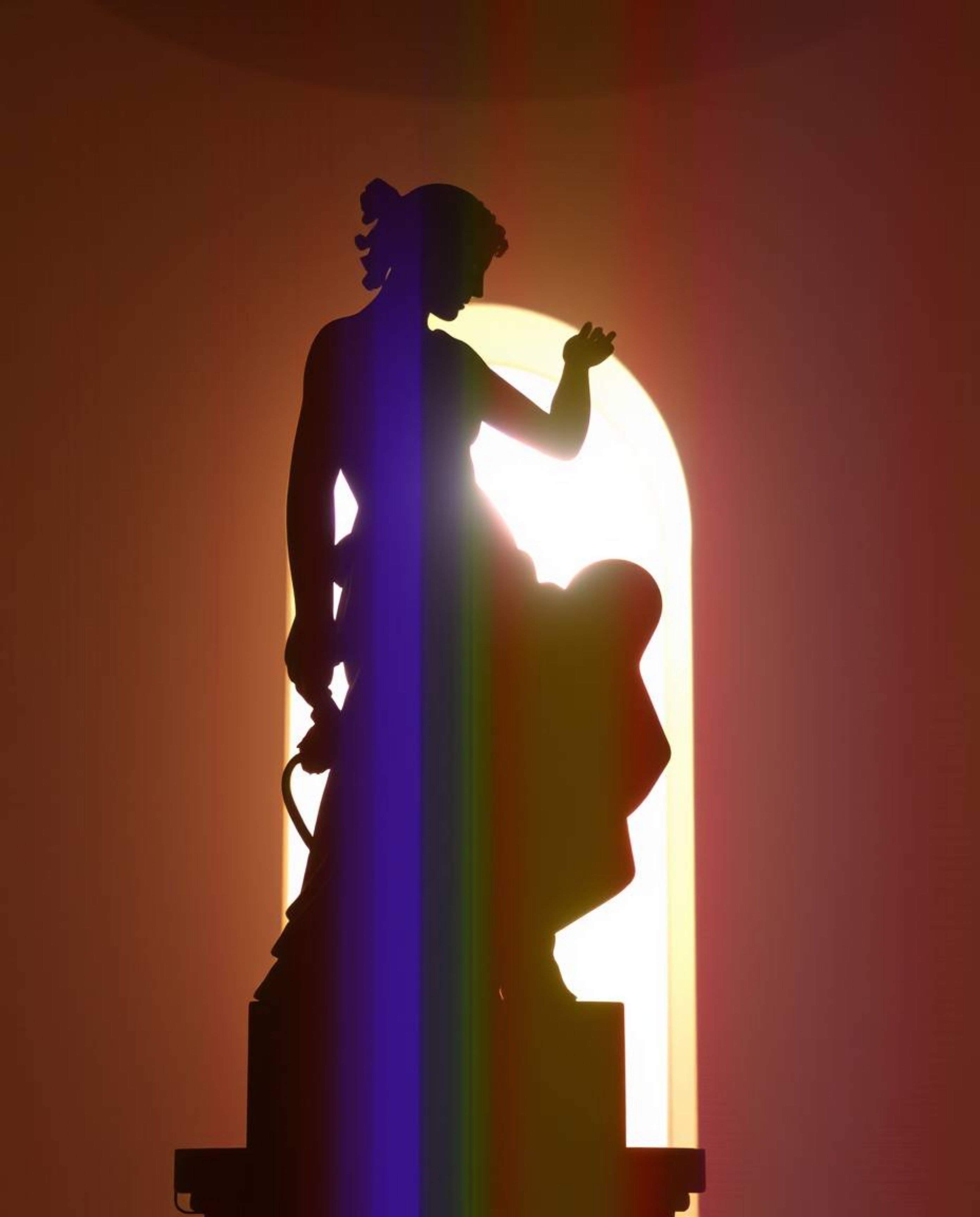 A silhouetted classical sculpture is bathed in a soft pastel backlight, exhibiting a captivating digital glitch corruption ef