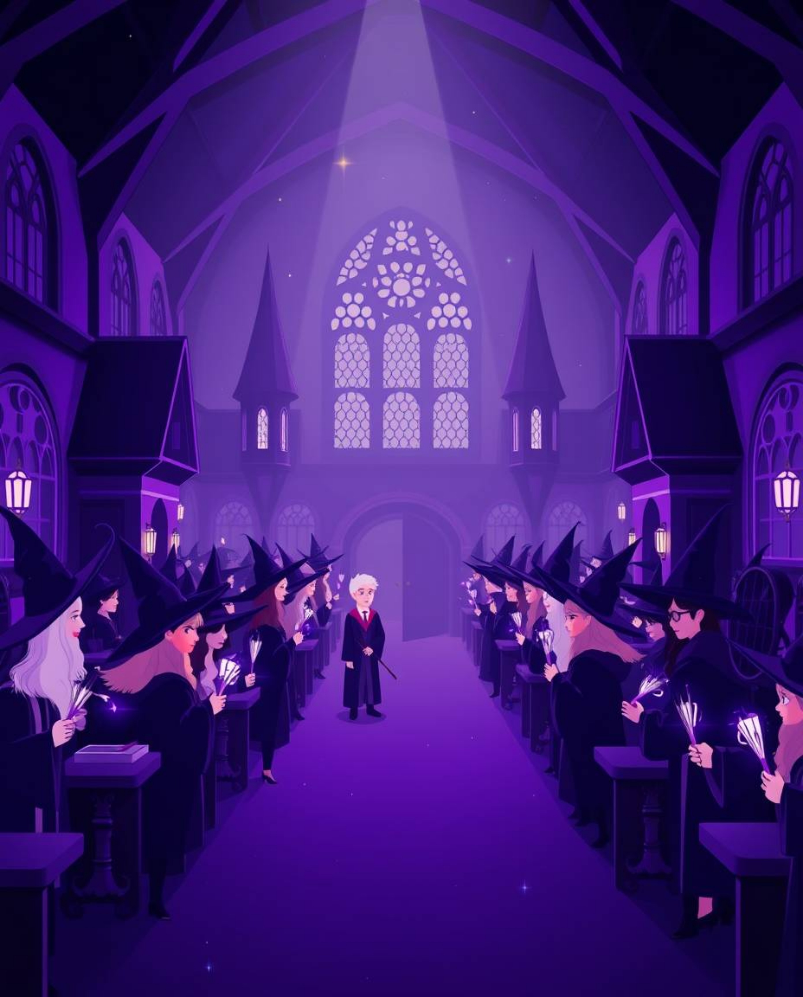 Explore a captivating magical school brimming with young wizards, rendered in deep ultraviolet hues and a dramatic cinematic 