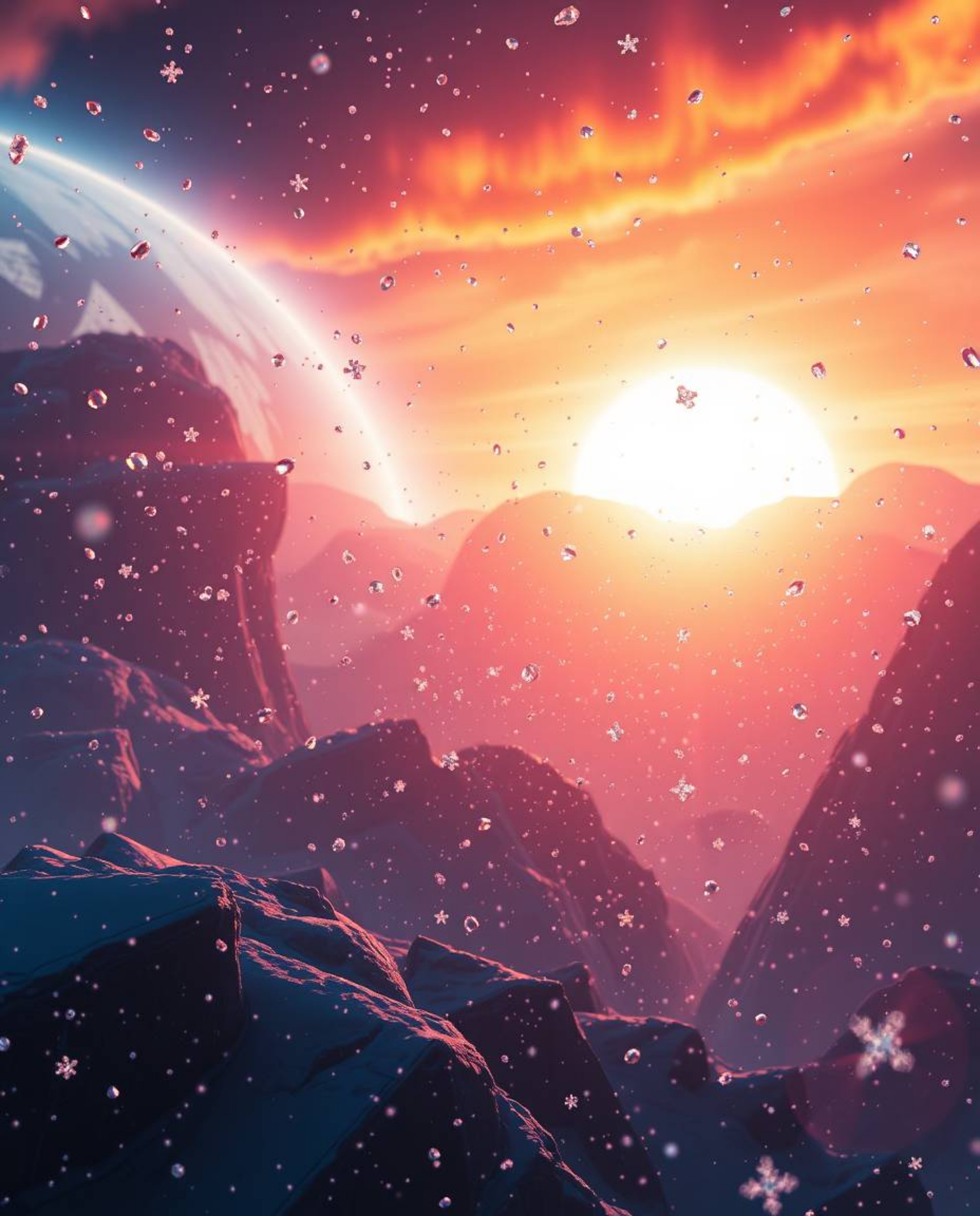 Witness an epic, futuristic scene where delicate snowflakes descend during a vibrant sunset. This image captures a moment of 