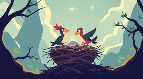 A captivating image showcasing two cartoon birds diligently constructing a nest. Rendered in a modern flat design with a cla