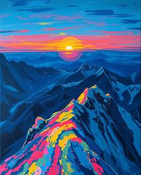 This bold acrylic painting captures a sunset seen from a high alpine peak, rendered in stunning, glowing bioluminescent and v