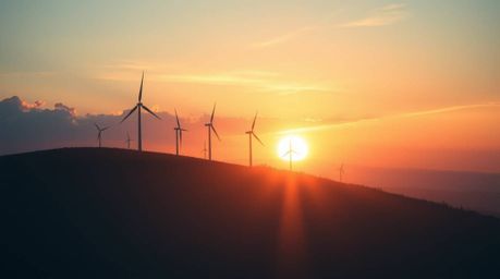 An ethereal and spiritual illustration capturing a breathtaking sunset behind wind turbines silhouetted on a hill, evokes a s