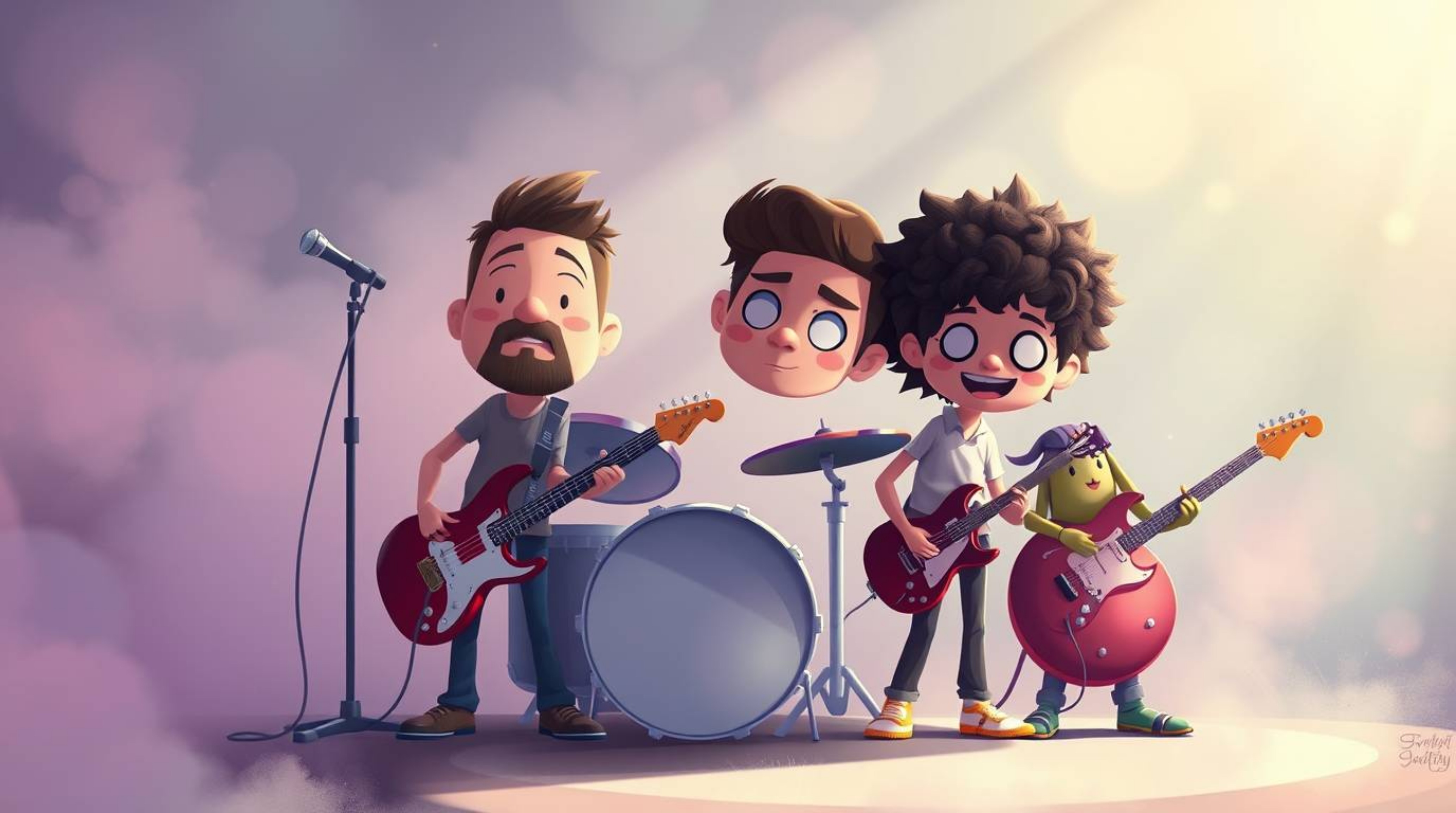 A captivating digital painting showcases a cartoon rock band in a soft, dreamy atmosphere.  Vibrant, complementary colors are