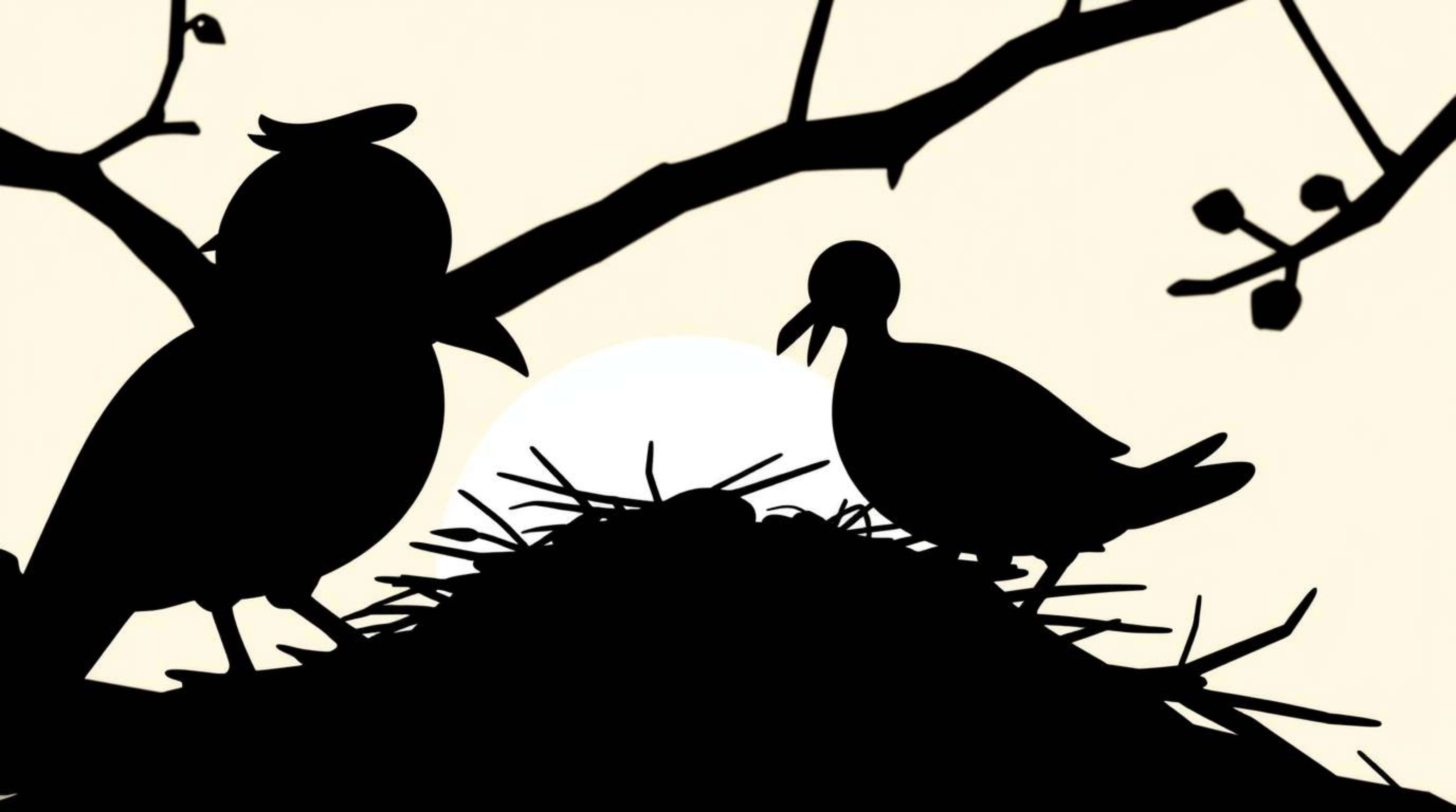 A captivating silhouetted image showcases two cartoon birds diligently building their nest in a timeless animation style. The