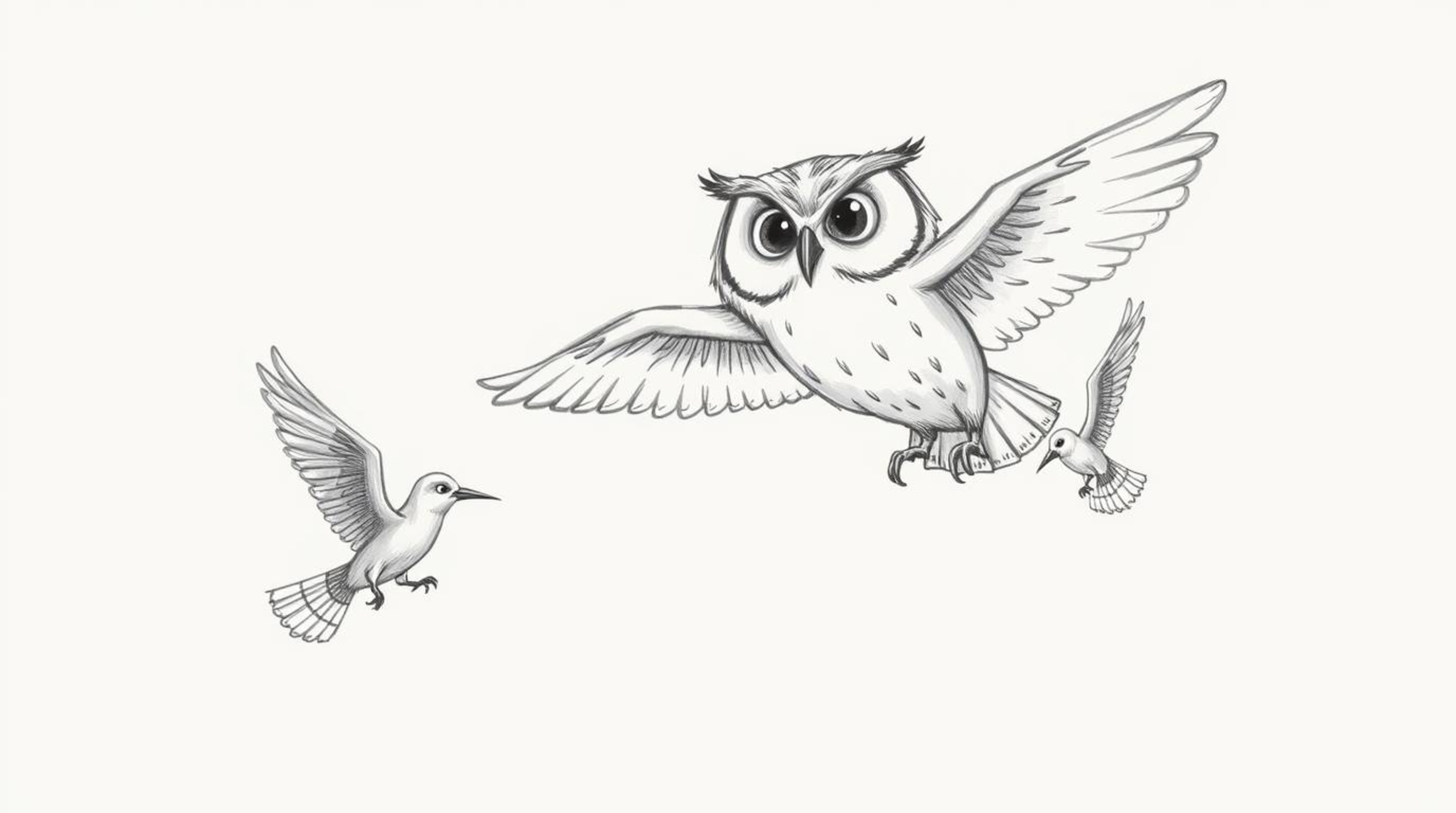 This charming hand-drawn sketch in the style of Pixar depicts a heartwarming scene: a blind owl teaching birds how to fly.  R