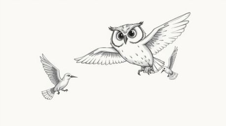 This charming hand-drawn sketch in the style of Pixar depicts a heartwarming scene: a blind owl teaching birds how to fly.  R
