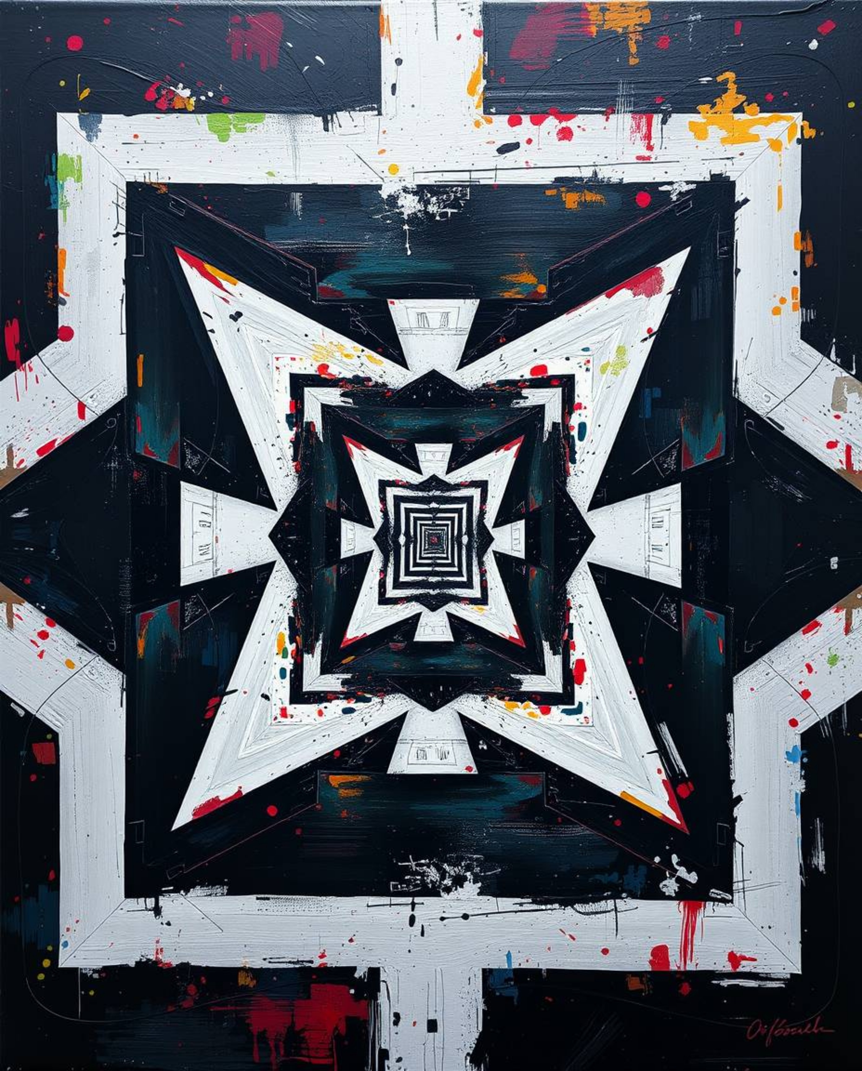 This captivating acrylic painting showcases a bold and dramatic cinematic style, featuring a mesmerizing black and white geom