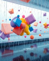 Explore a surreal digital realm where abstract 3D colorful shapes float freely, depicting a mesmerizing wet rainy scene compl
