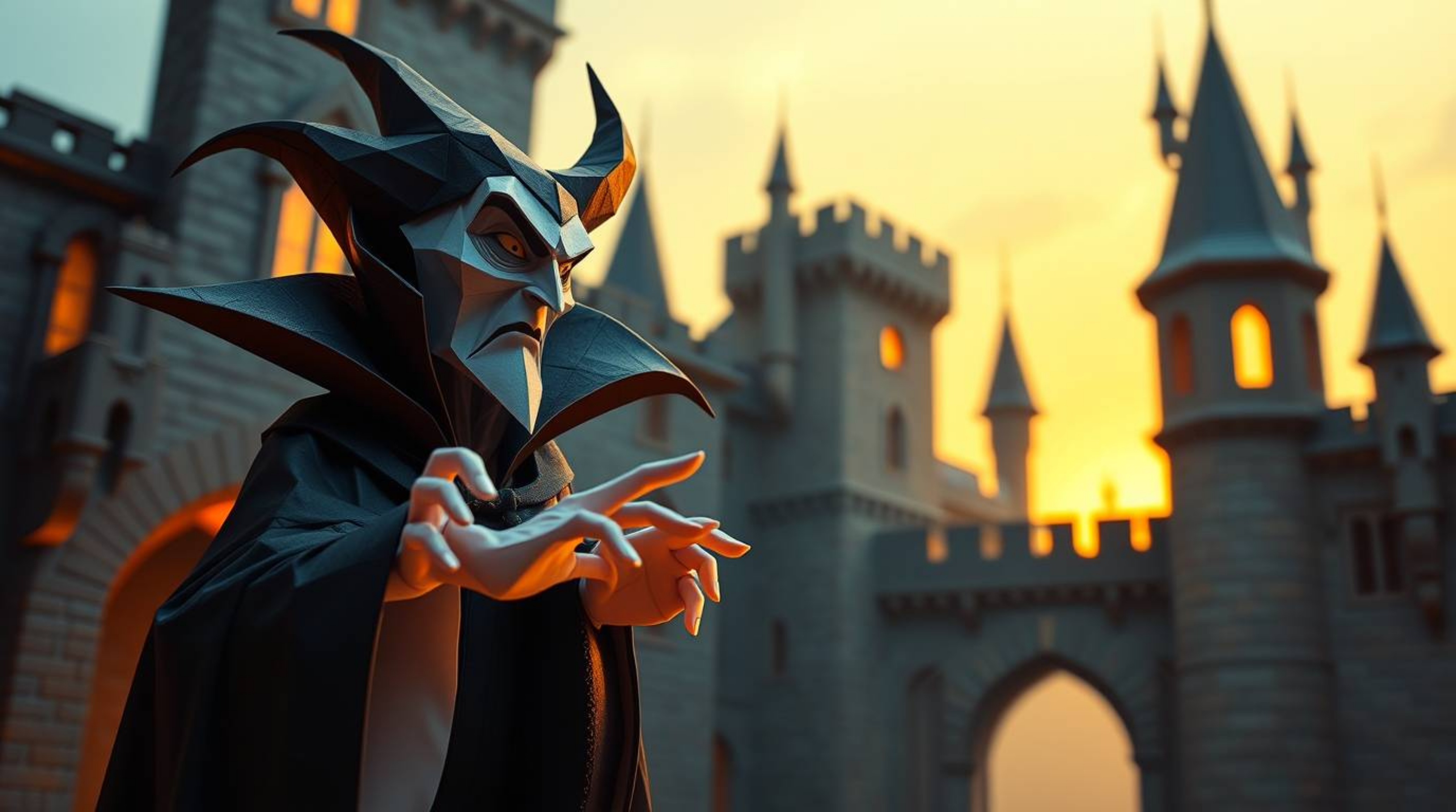 A captivating image of a classic Disney villain, rendered in intricate origami style.  The villain casts a spell within an ol