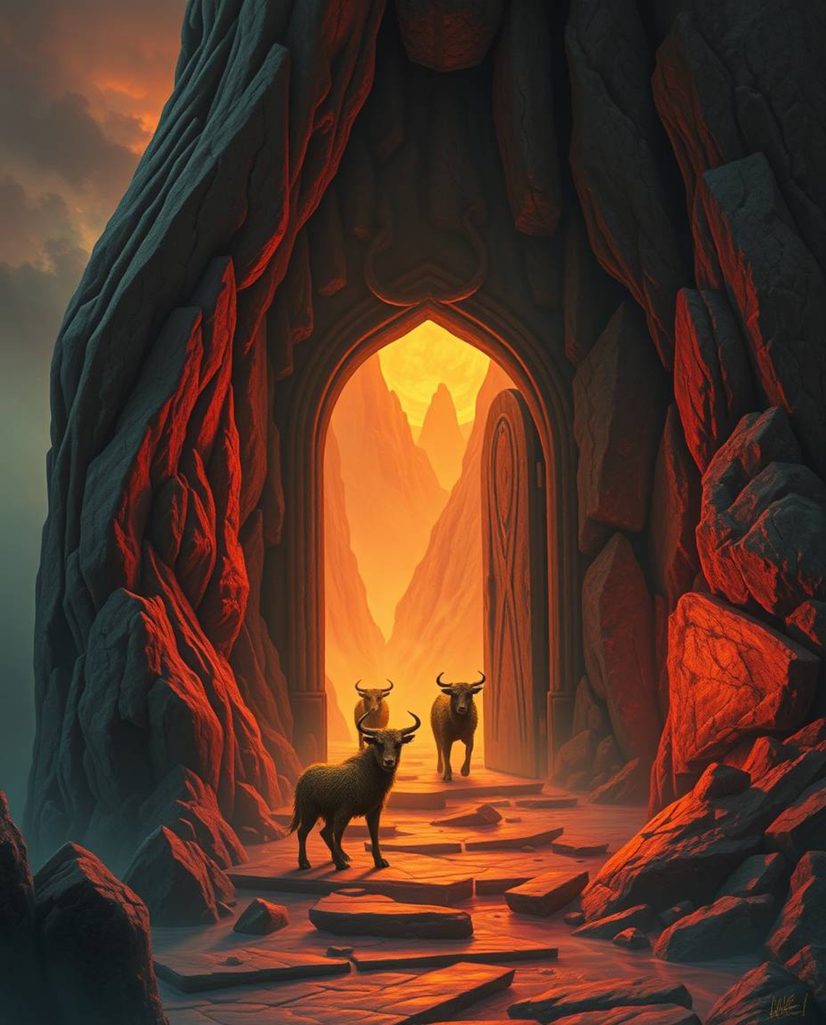 Explore a warm, dreamlike surreal landscape featuring an ancient doorway glowing with runes embedded in a mountainside.  Fant
