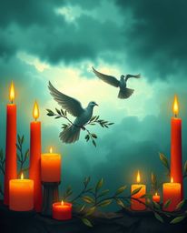 A serene image depicting a dove carrying an olive branch amidst stormy skies, illuminated by warm candlelight in terracotta a