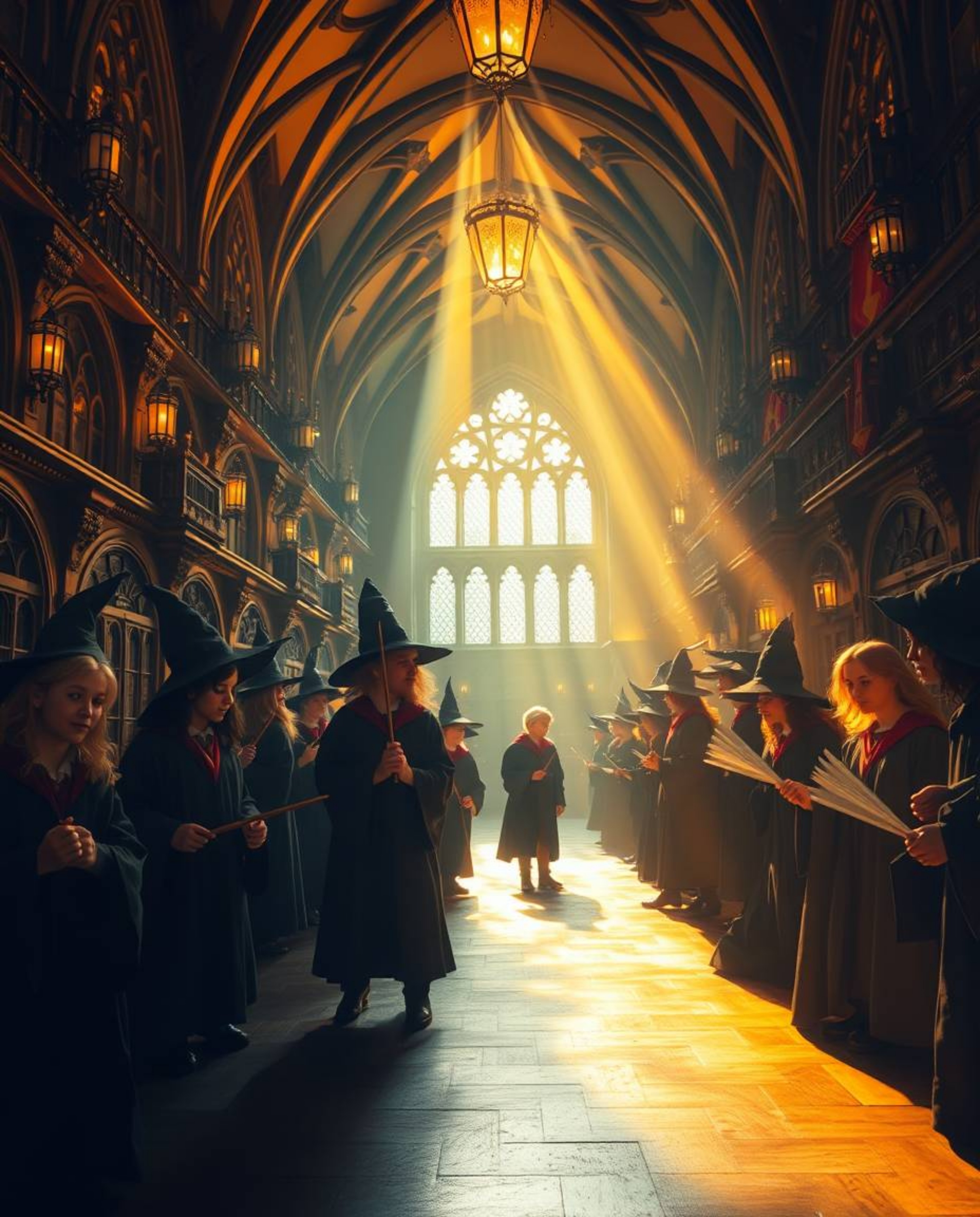 Step into a magical school teeming with young wizards, bathed in a warm golden glow and illuminated by dramatic lighting. Thi