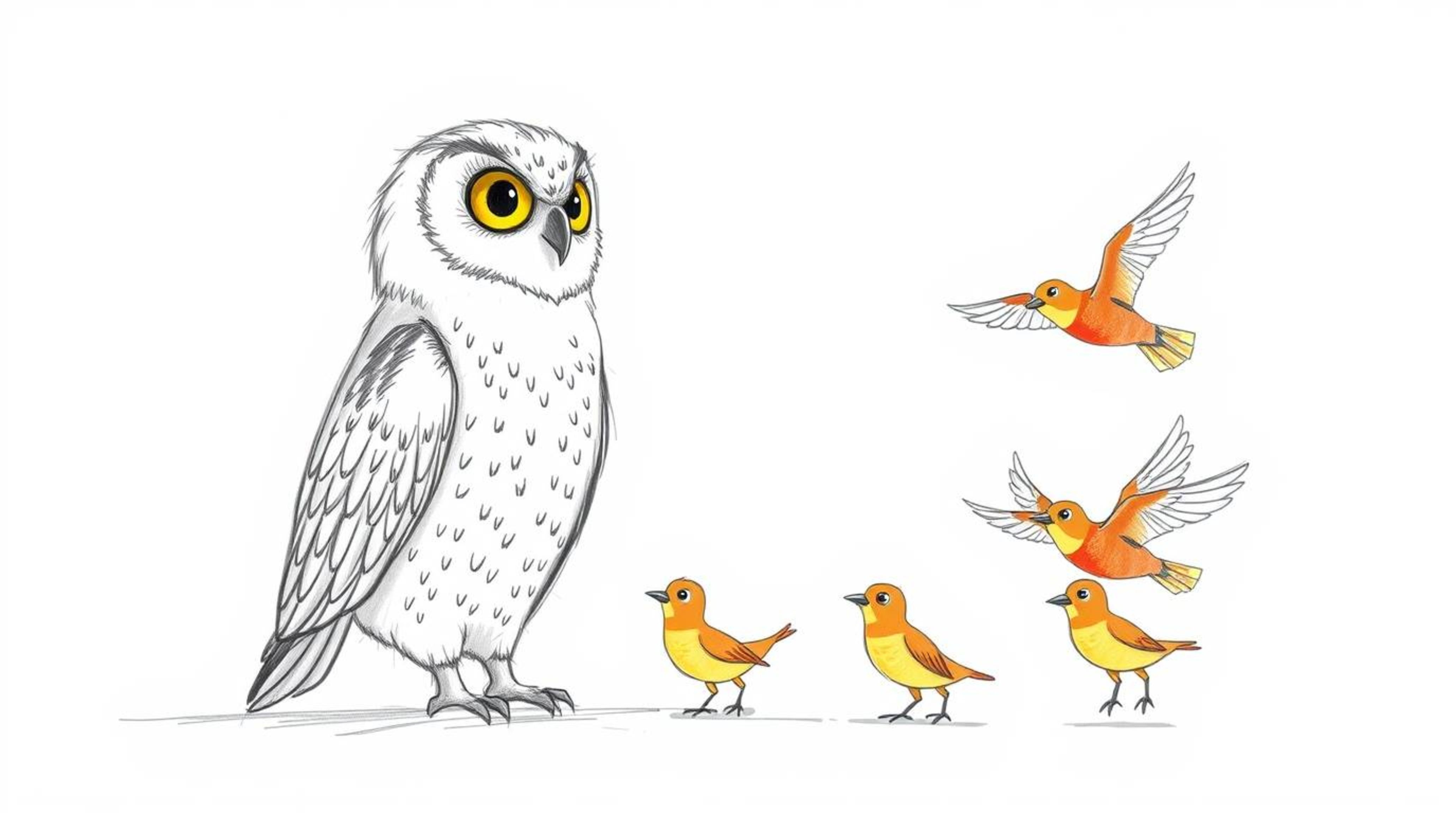 A charming hand-drawn sketch in the style of Pixar portrays a blind owl with soft, feathery texture, sitting calmly against a