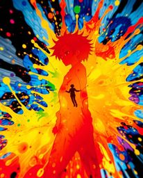 An extreme macro close-up reveals a vibrant, colorful splash pattern forming a human silhouette in the style of Isekai anime.