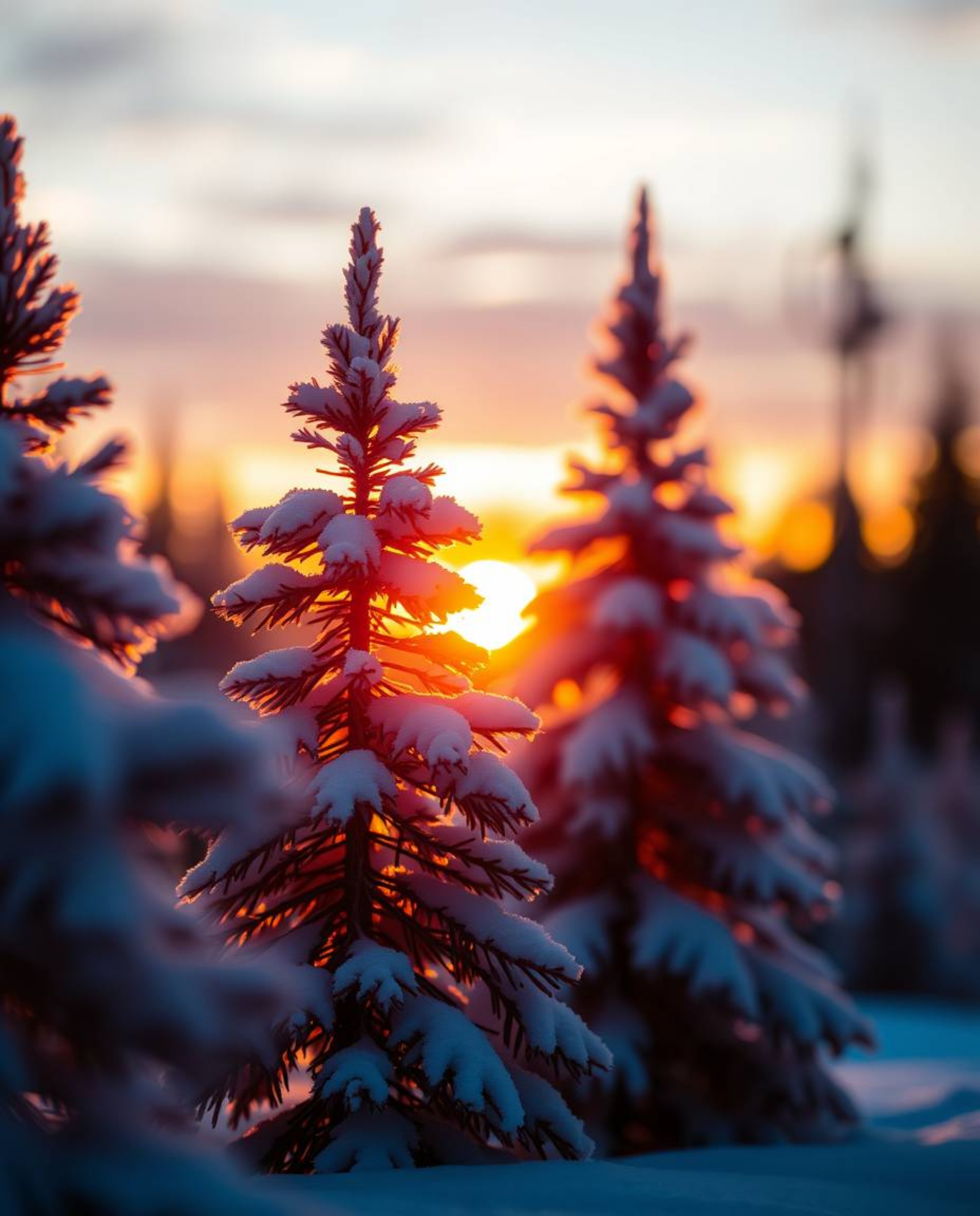 Silhouetted snowy pine trees are captured in sharp focus against a beautiful bokeh background at sunset. The scene is bathed 