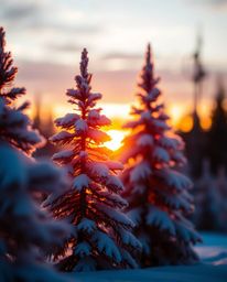 Silhouetted snowy pine trees are captured in sharp focus against a beautiful bokeh background at sunset. The scene is bathed 
