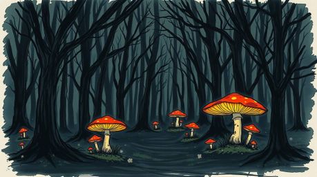 A captivating hand-drawn sketch depicts a vintage enchanted forest brimming with glowing mushrooms.  The moody, low-contrast 