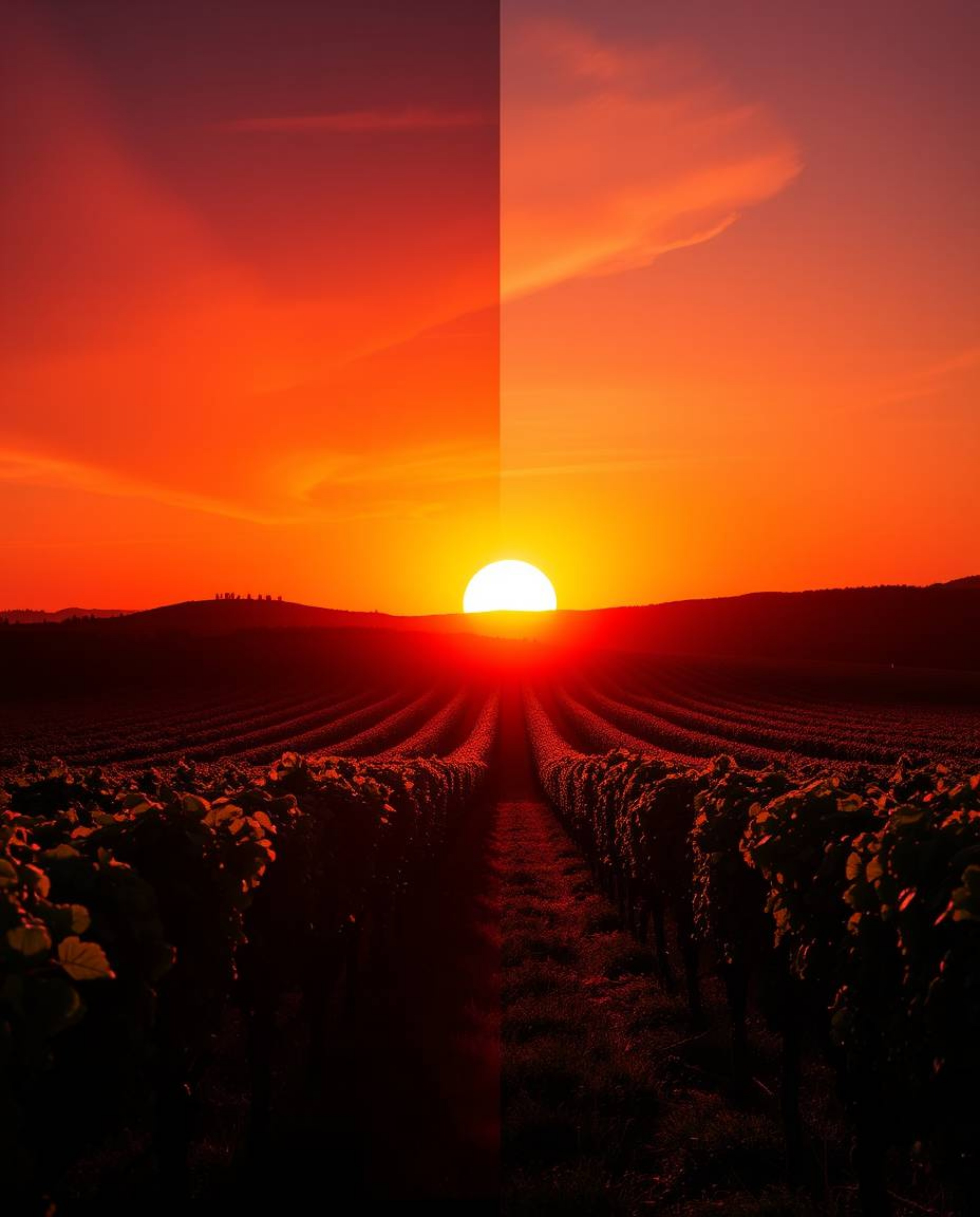This creative light art piece offers a unique interpretation of a sunset over a vineyard, featuring a distinct split composit