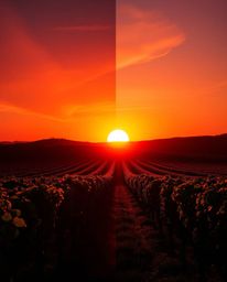 This creative light art piece offers a unique interpretation of a sunset over a vineyard, featuring a distinct split composit