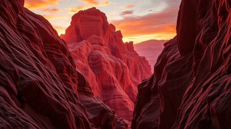 Experience the awe-inspiring beauty of a rocky canyon illuminated by warm sunset hues.  This artwork captures the essence of 