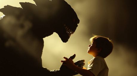 Explore heartwarming cinematic scenes depicting an unlikely friendship between a monster under the bed and a child. These ima