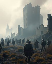 Explore a breathtaking battlefield scene bathed in volumetric lighting, creating a soft, dreamy atmosphere. The image depicts