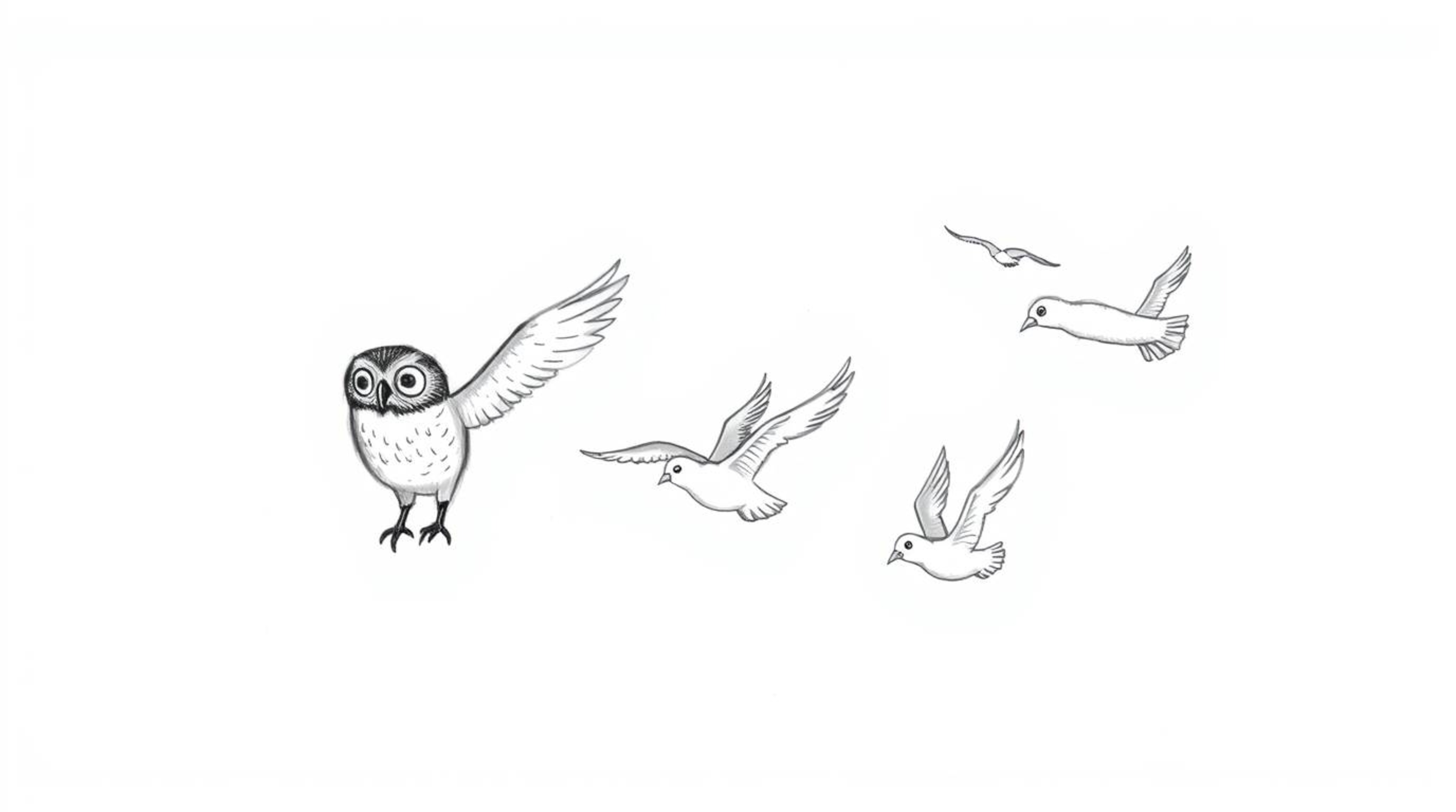 A captivating hand-drawn sketch reminiscent of Pixar's style, featuring a blind owl guiding a flock of birds in a synchronize