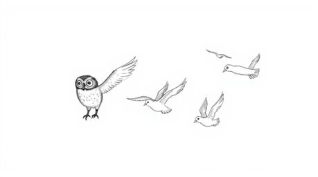 A captivating hand-drawn sketch reminiscent of Pixar's style, featuring a blind owl guiding a flock of birds in a synchronize