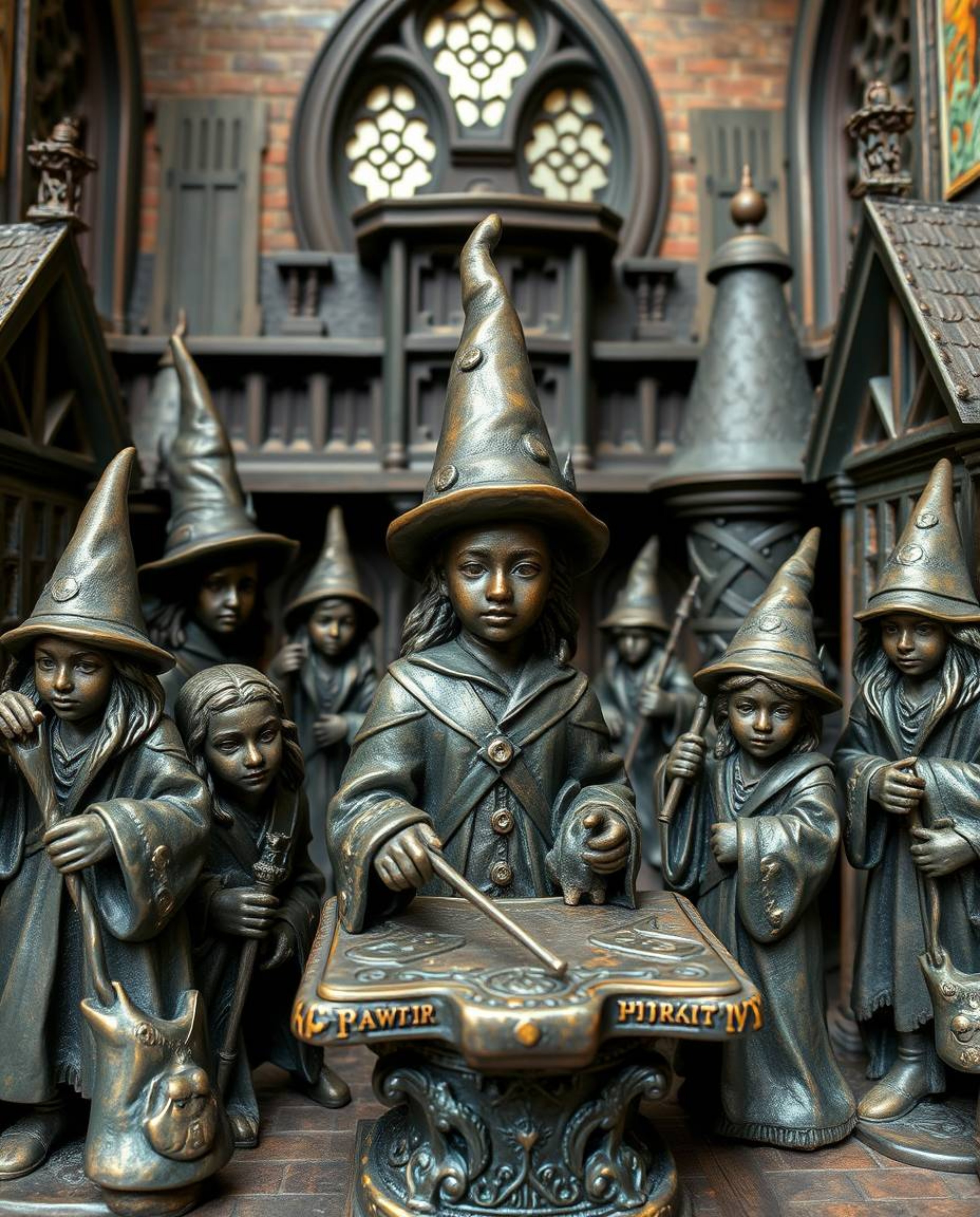 A captivating scene depicting a magical school brimming with young wizards, meticulously rendered in cast bronze and finished