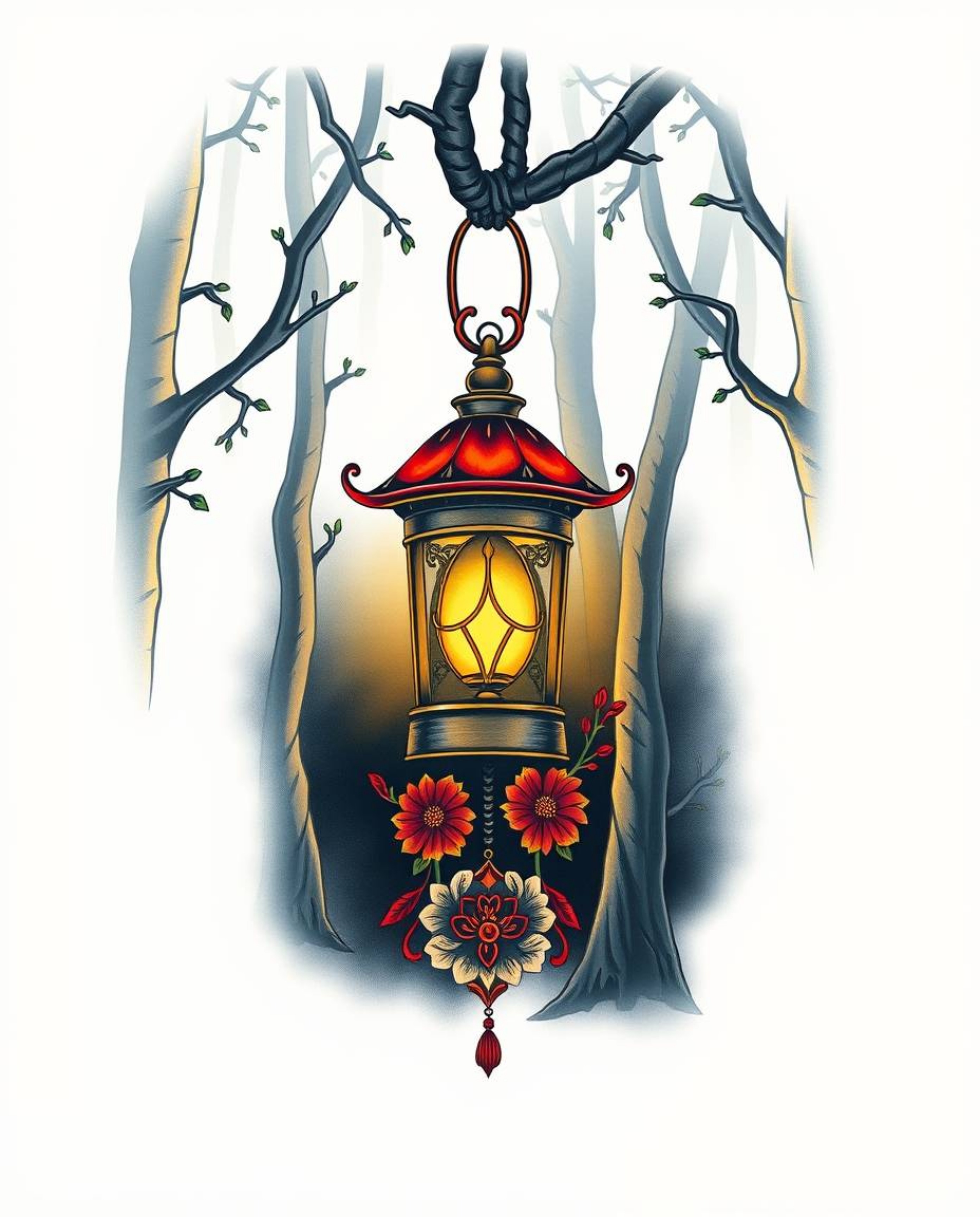 This captivating tattoo art print features a glowing lantern in a dark forest, rendered with smooth gradient transitions and 