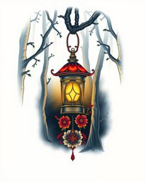 This captivating tattoo art print features a glowing lantern in a dark forest, rendered with smooth gradient transitions and 