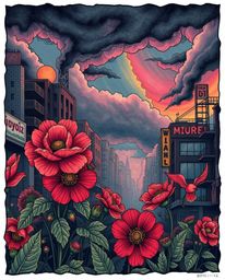 Explore a vibrant post-apocalyptic cityscape where flowers bloom amidst the ruins, adorned with symbolic traditional tattoo a