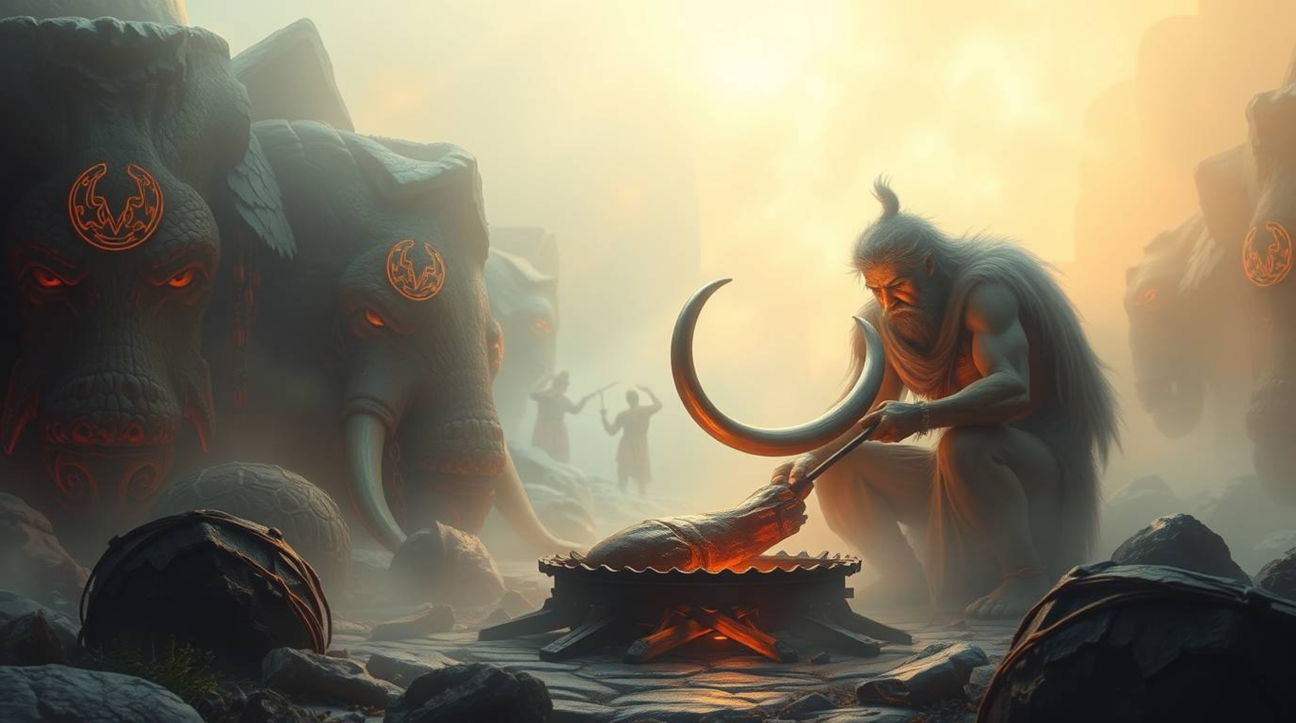 Experience an ethereal and spiritual vibe in this artwork depicting a caveman cooking mammoth meat within a mystical, enchant