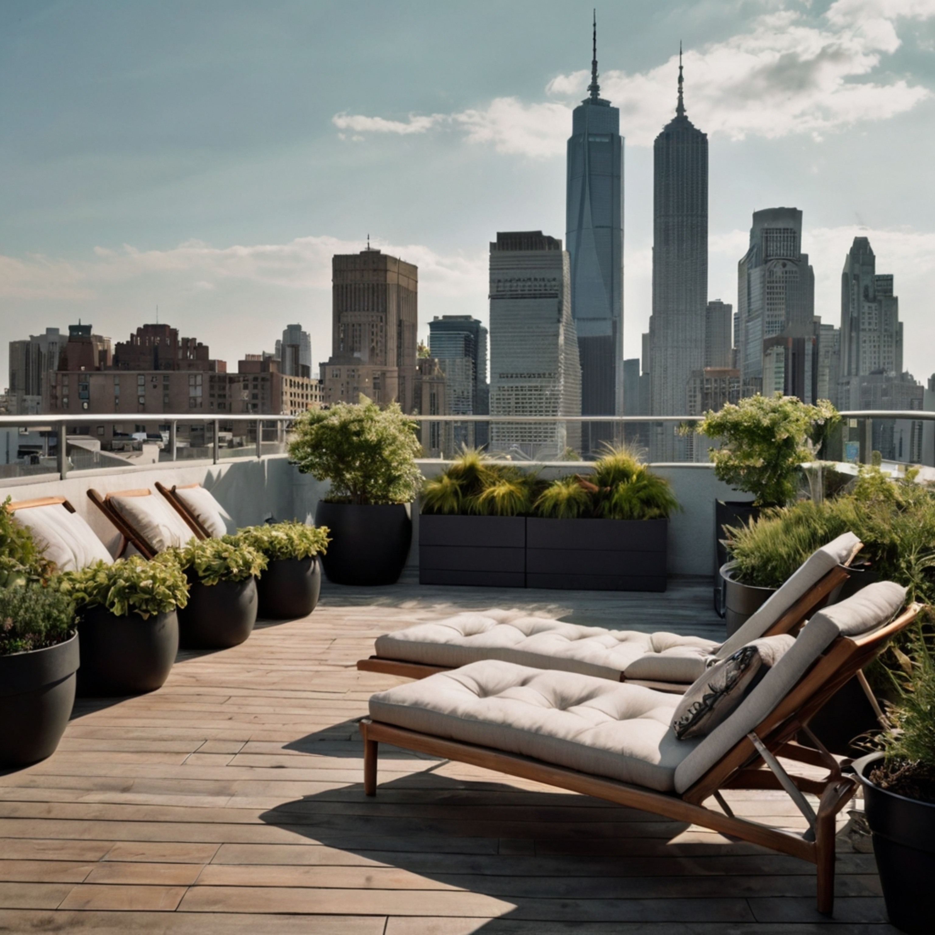Create a stylish and relaxing urban oasis with a chic rooftop garden. This space features comfortable lounge chairs, lush pot