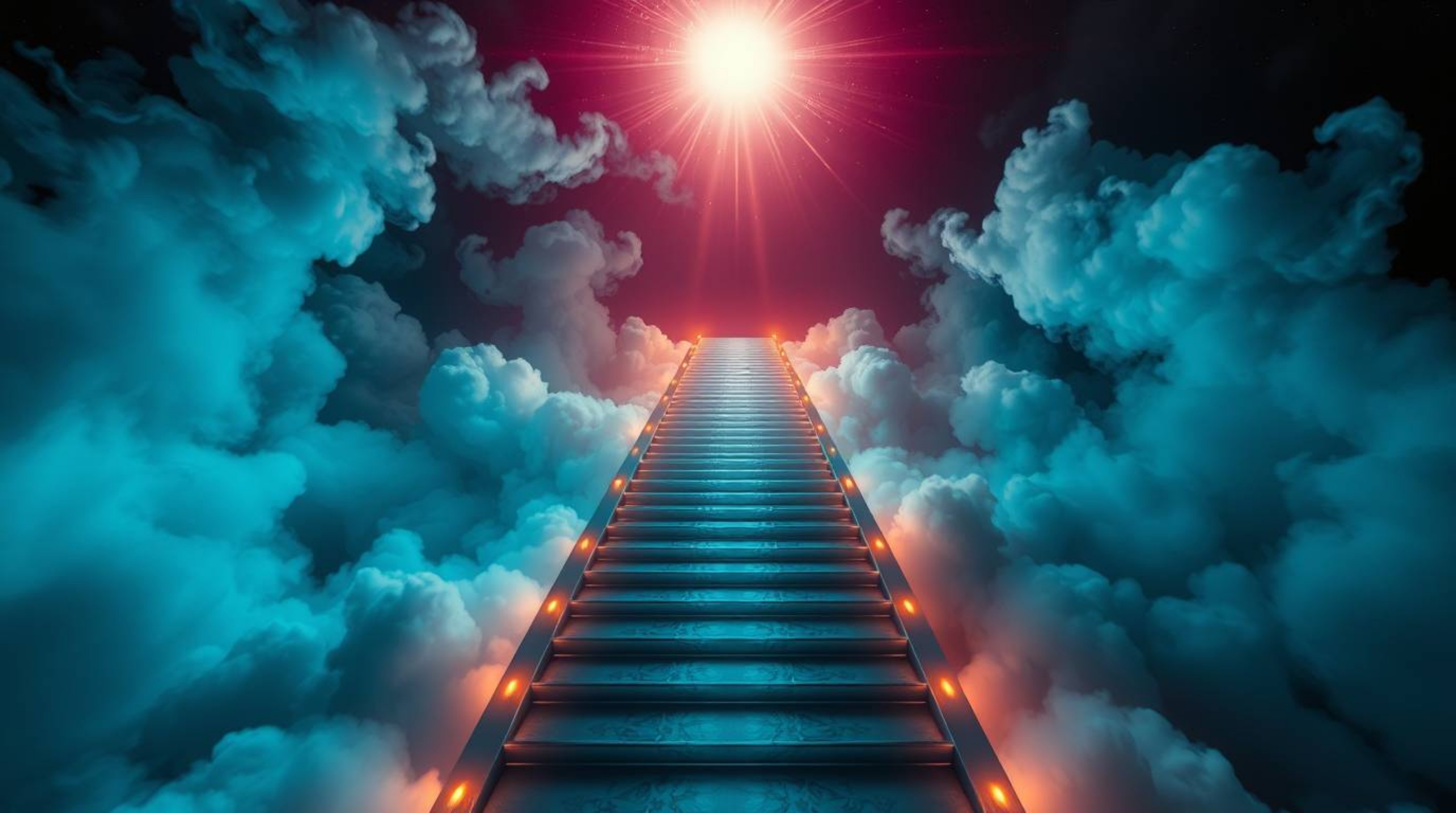 A captivating high-angle shot depicts a surreal stairway ascending through smoky clouds towards a radiant celestial light. Th