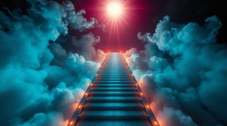 A captivating high-angle shot depicts a surreal stairway ascending through smoky clouds towards a radiant celestial light. Th